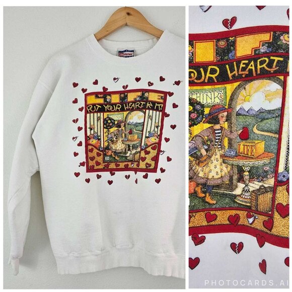 VTG 90s Hanes Sz M Mary Engelbreit Put Your Heart In It Sweatshirt Valentine Luv - Picture 2 of 13